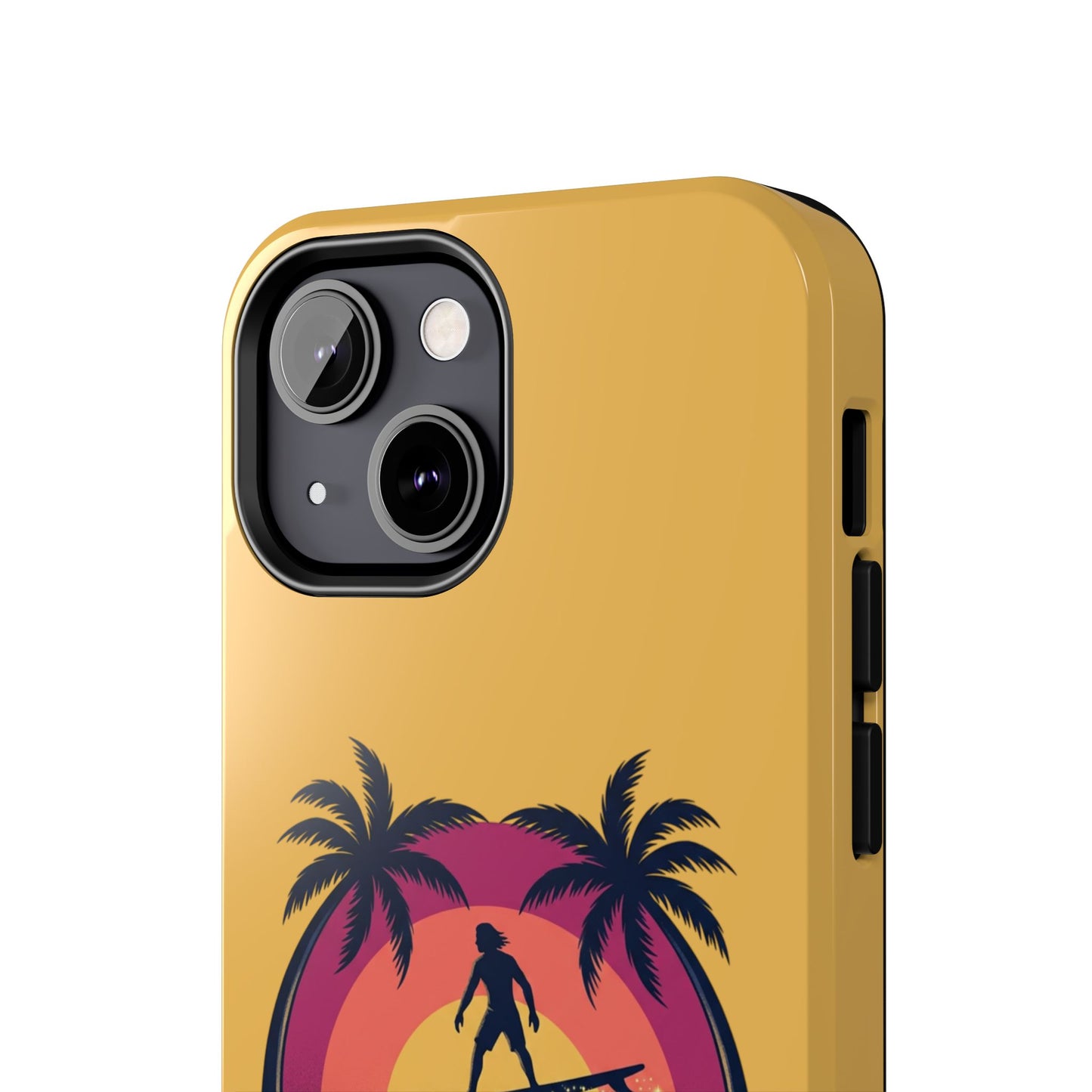 Surfing Dragon Phone Case — Silhouette Surfer with Palms & “Summer Vibes”