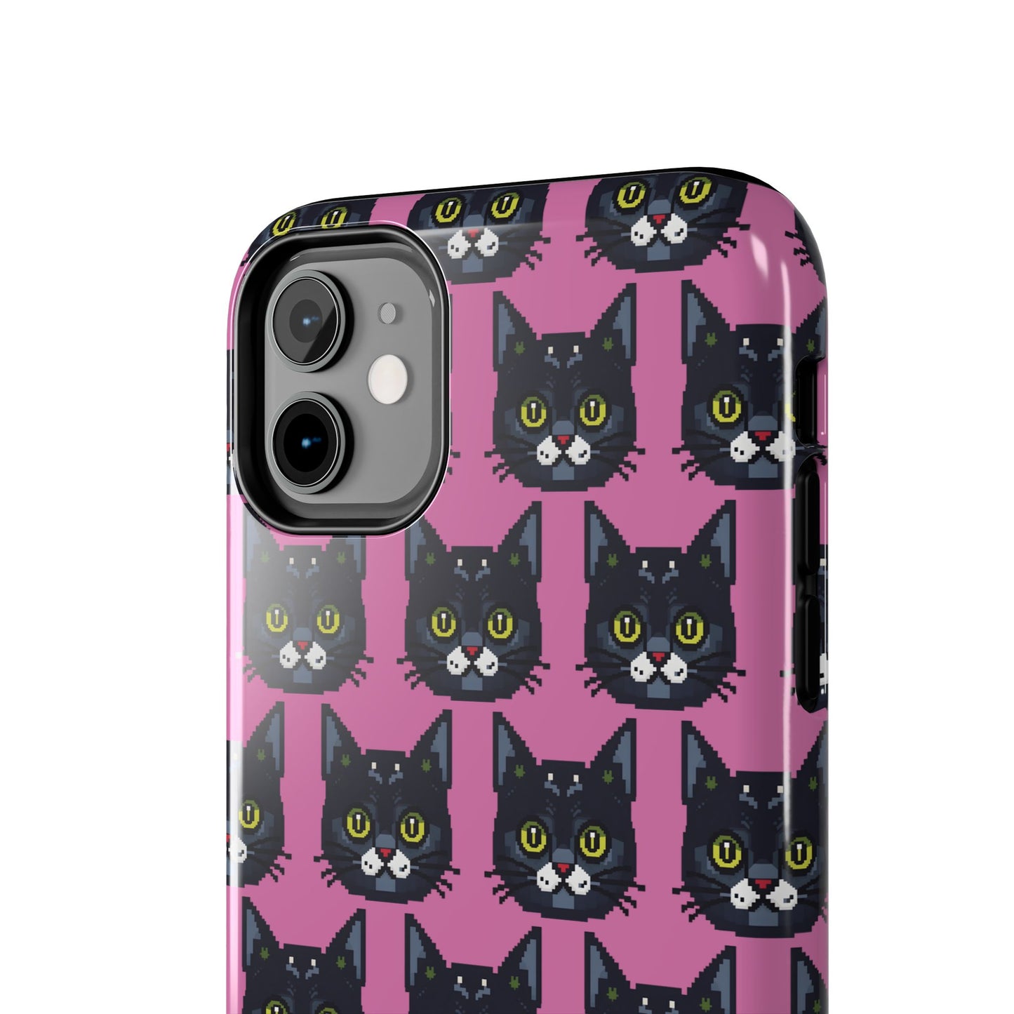 Playful Black Cat on Pink - Tough Phone Case - Pixel Cat Pattern - for iPhone