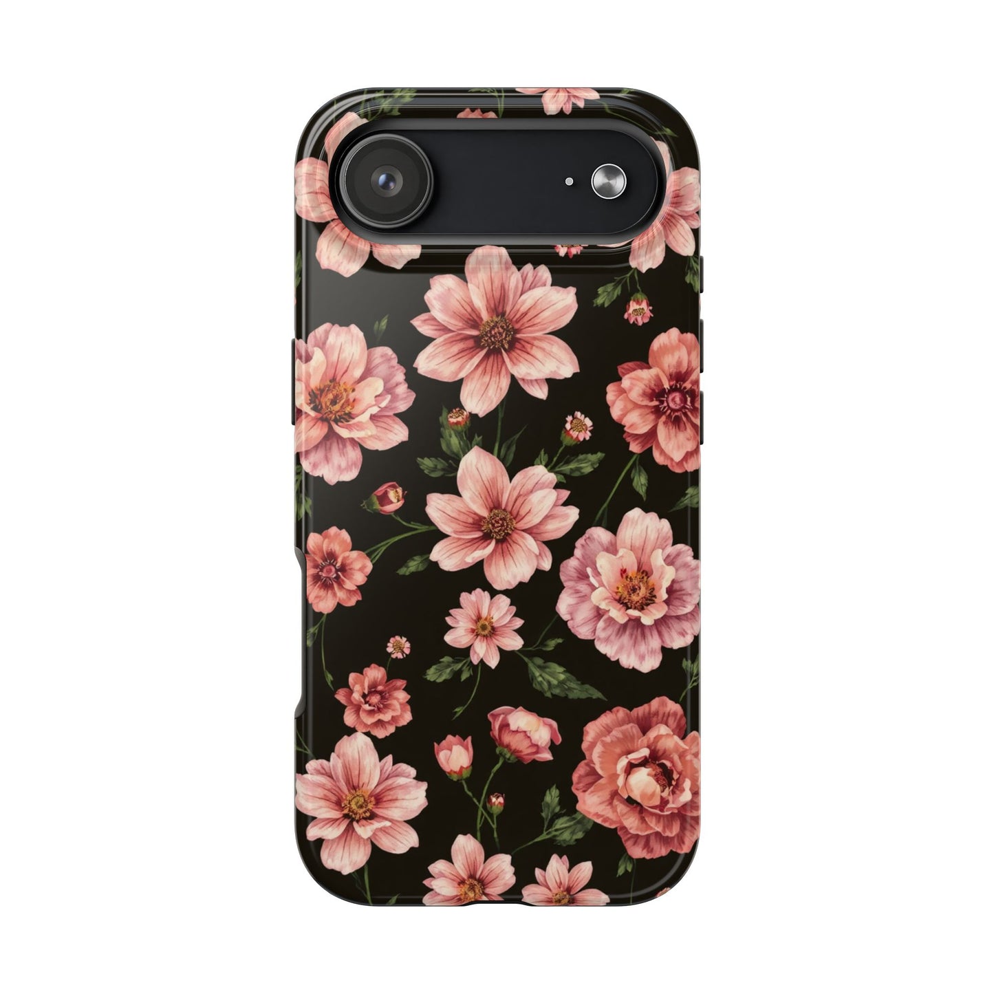 Floral Tough Phone Case - Durable Protection with Elegant Pink Flowers on Black Design - for iPhone