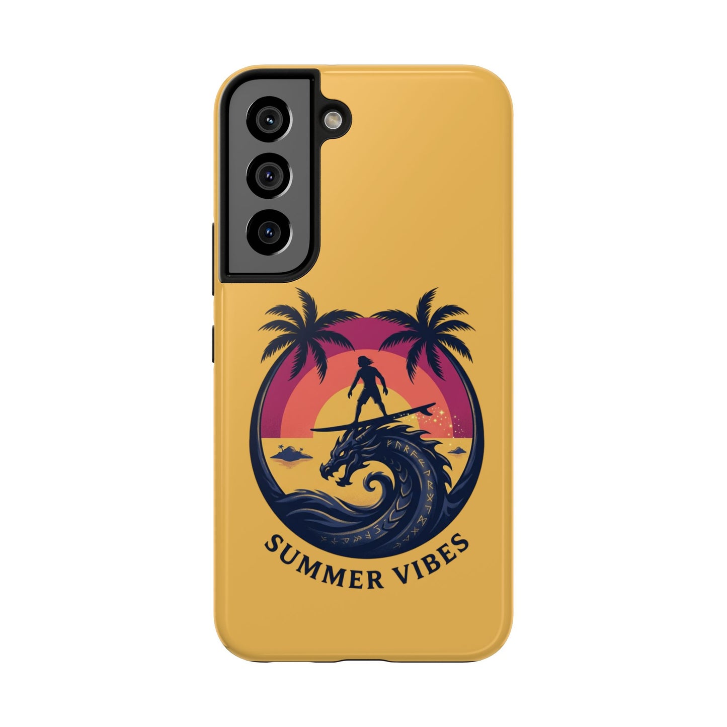 Surfing Dragon Phone Case — Silhouette Surfer with Palms & “Summer Vibes”