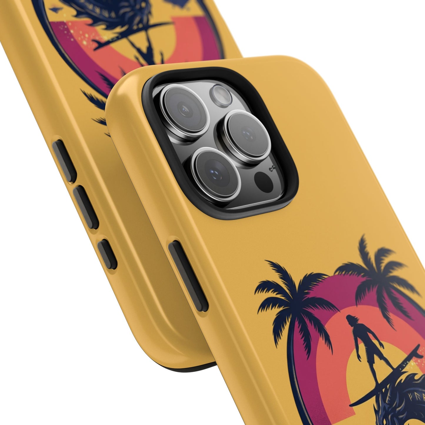 Surfing Dragon Phone Case — Silhouette Surfer with Palms & “Summer Vibes”
