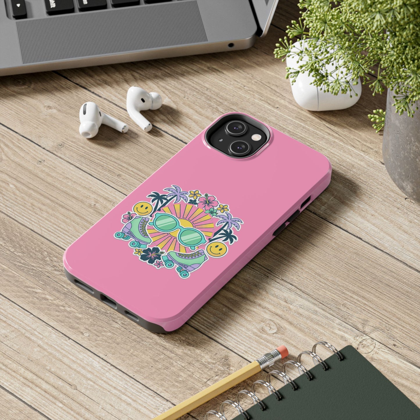 Retro Summer Phone Case — Y2K Palm Trees, Roller Skates & Smiley Collage