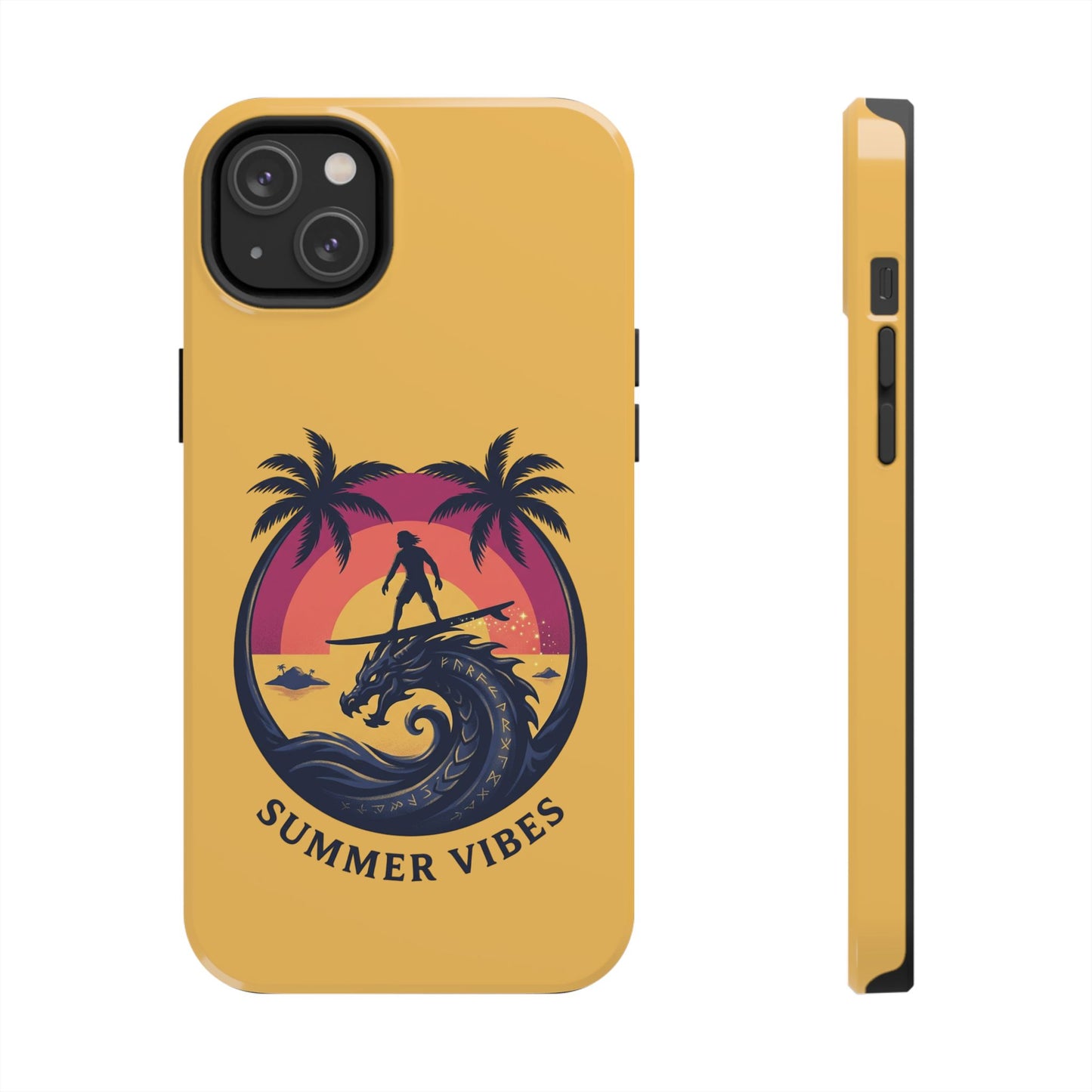 Surfing Dragon Phone Case — Silhouette Surfer with Palms & “Summer Vibes”