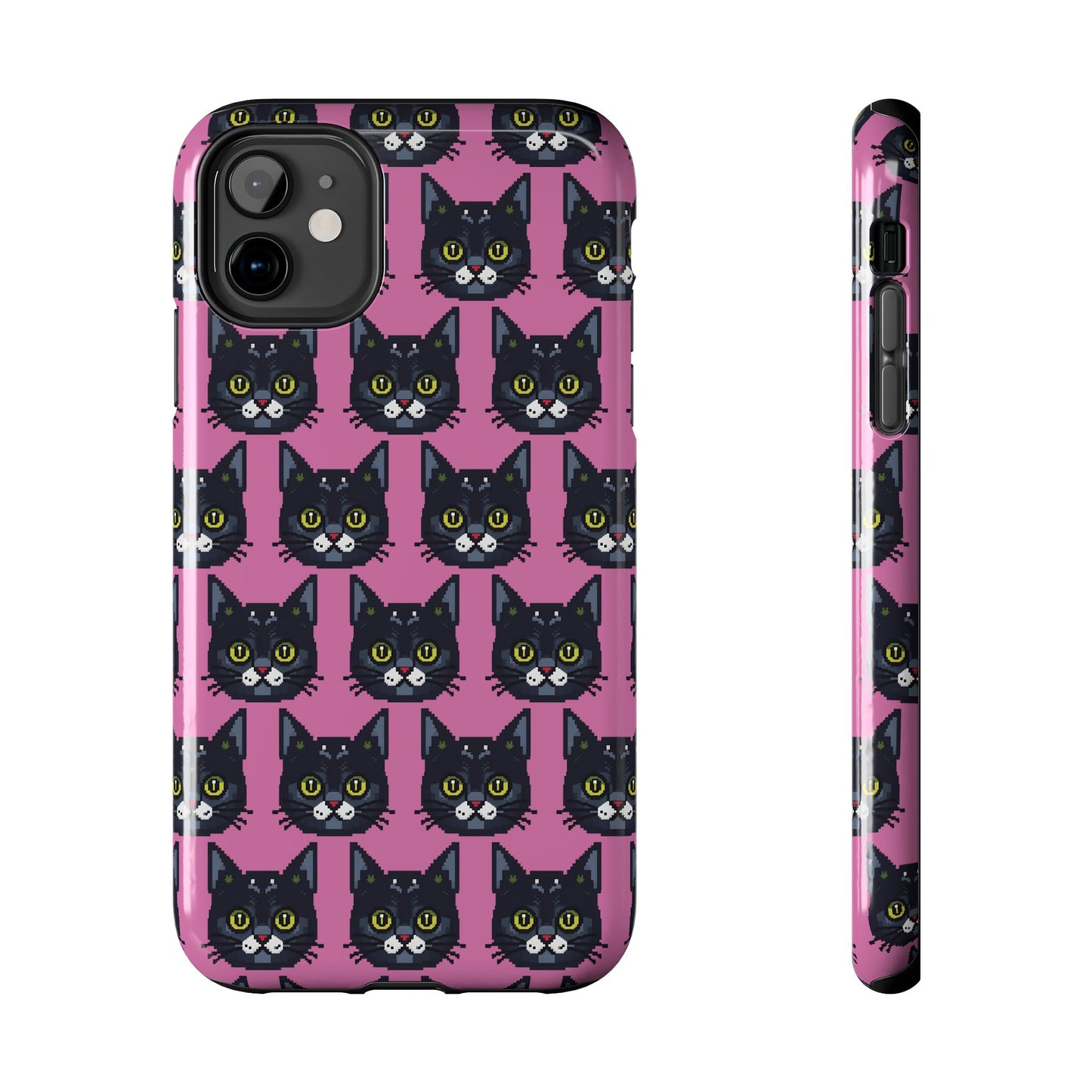 Playful Black Cat on Pink - Tough Phone Case - Pixel Cat Pattern - for iPhone