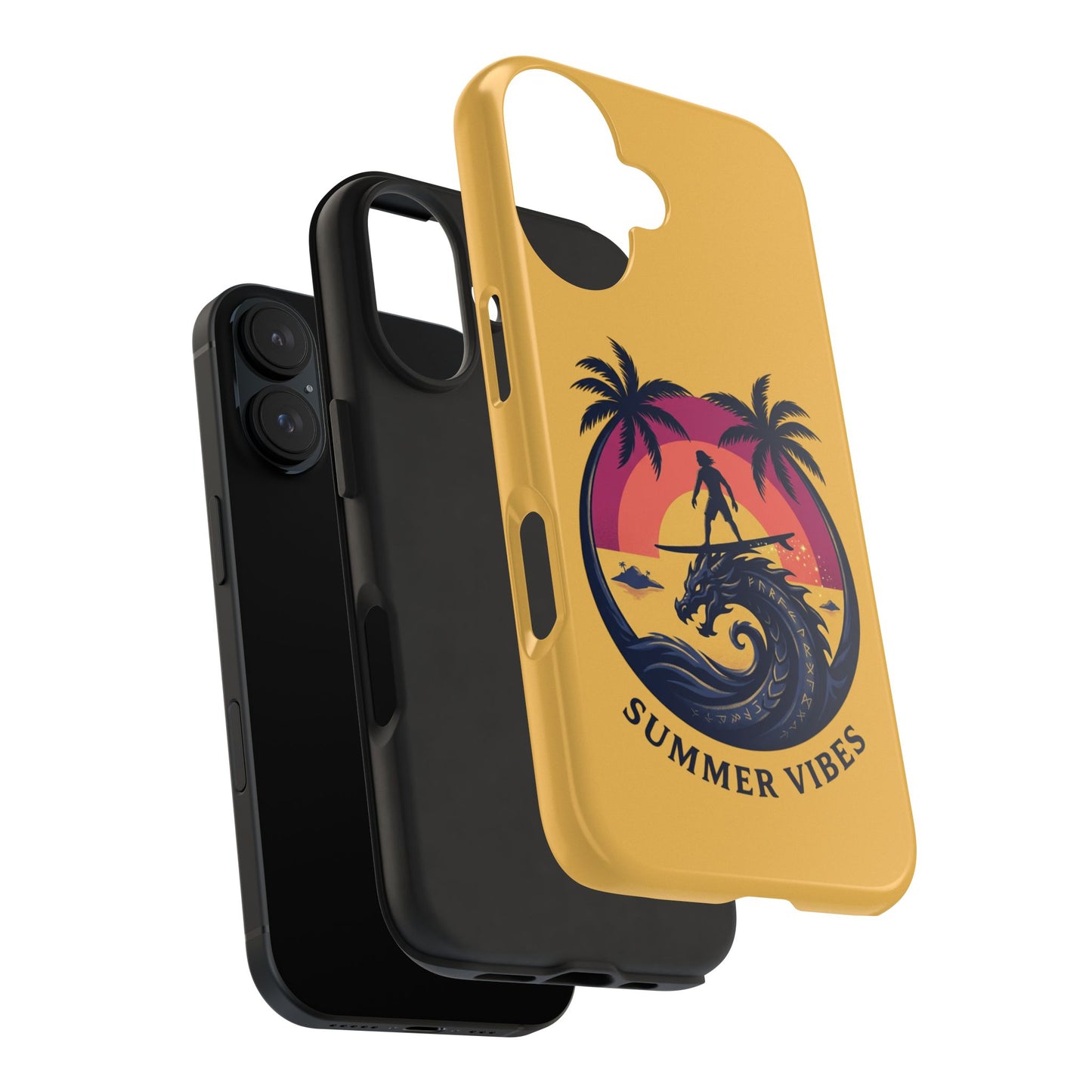 Surfing Dragon Phone Case — Silhouette Surfer with Palms & “Summer Vibes”