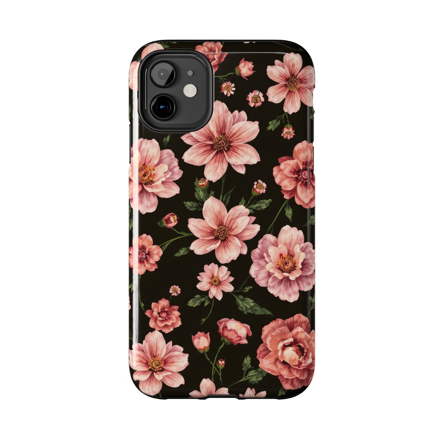 Floral Tough Phone Case - Durable Protection with Elegant Pink Flowers on Black Design - for iPhone