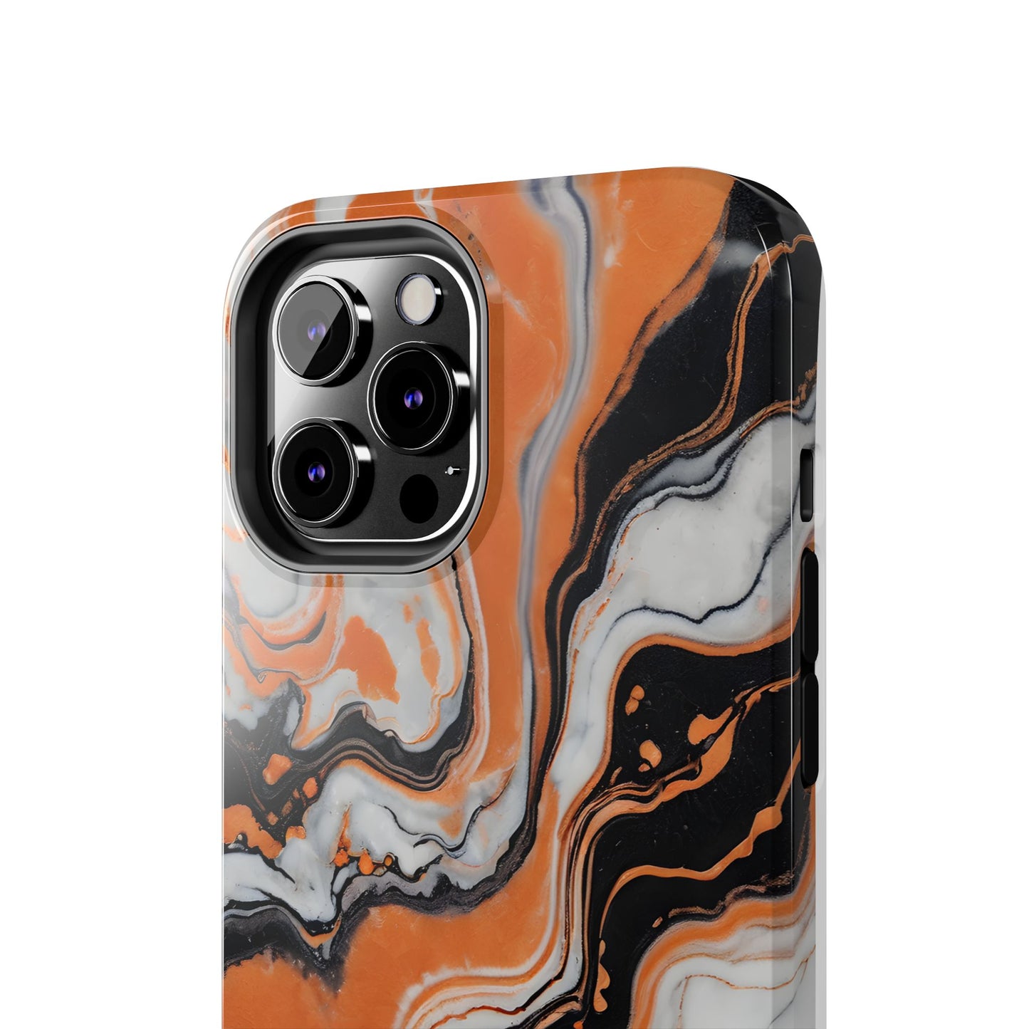 Stylish Tough Phone Case - Elegant Black, White & Orange Marble Design - for iPhone