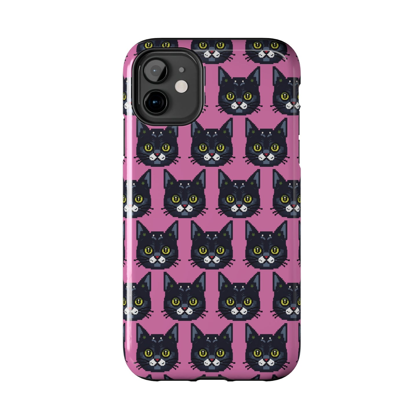 Playful Black Cat on Pink - Tough Phone Case - Pixel Cat Pattern - for iPhone