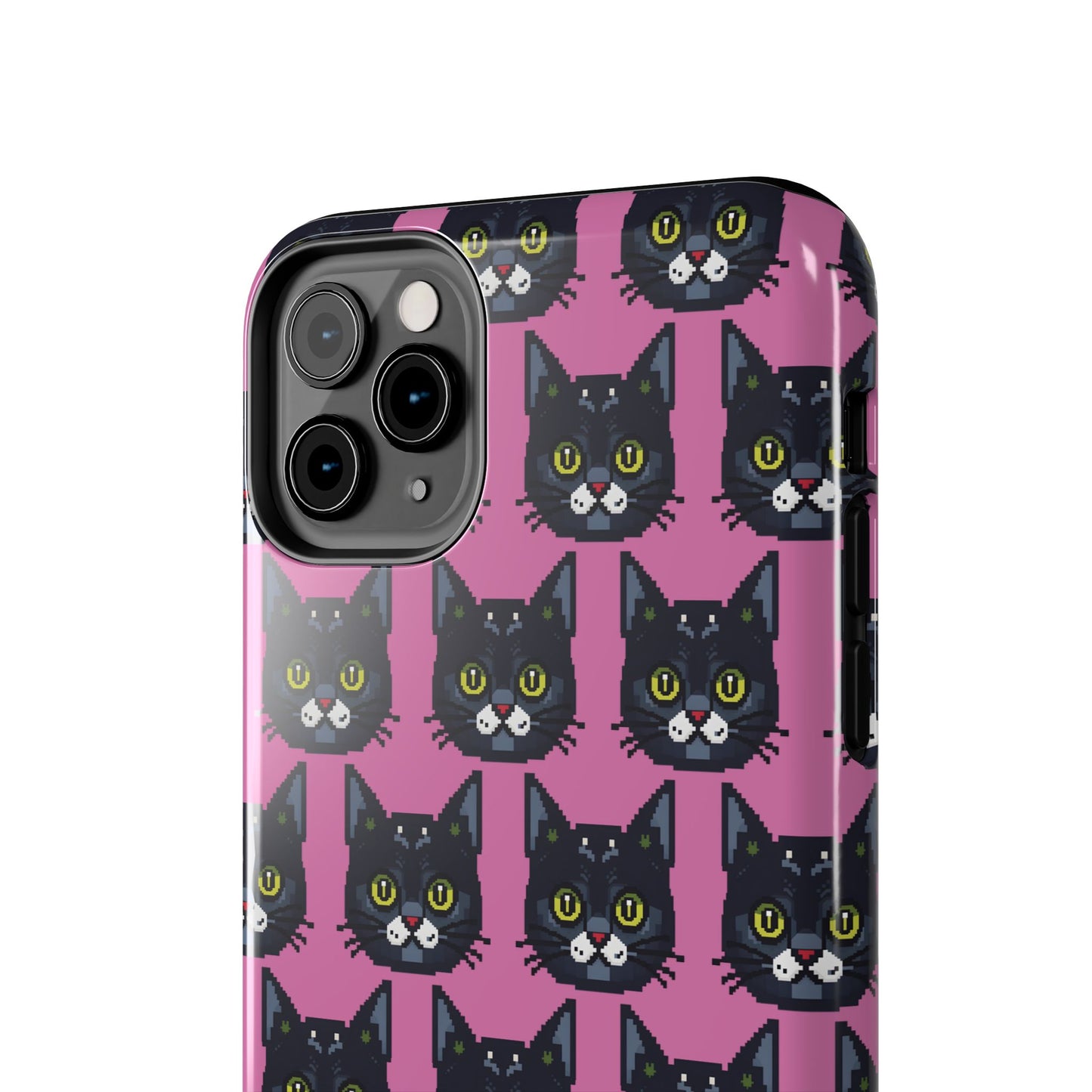 Playful Black Cat on Pink - Tough Phone Case - Pixel Cat Pattern - for iPhone