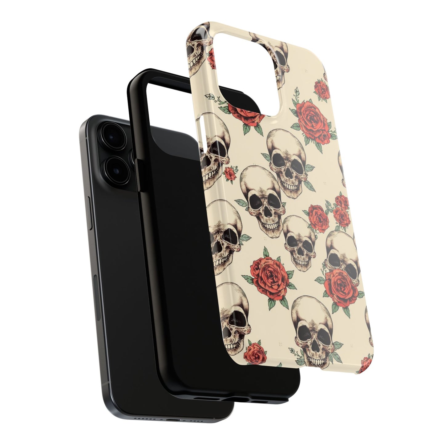 Tough Phone Case with Skull and Rose Design - Edgy Floral iPhone Protection