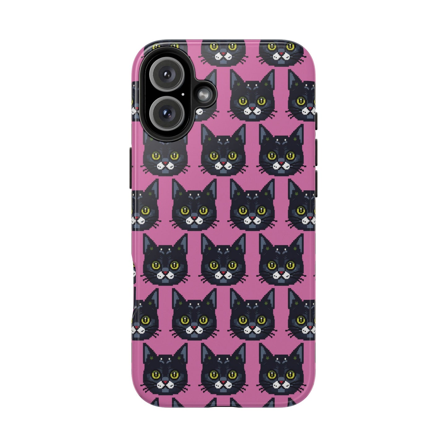 Playful Black Cat on Pink - Tough Phone Case - Pixel Cat Pattern - for iPhone