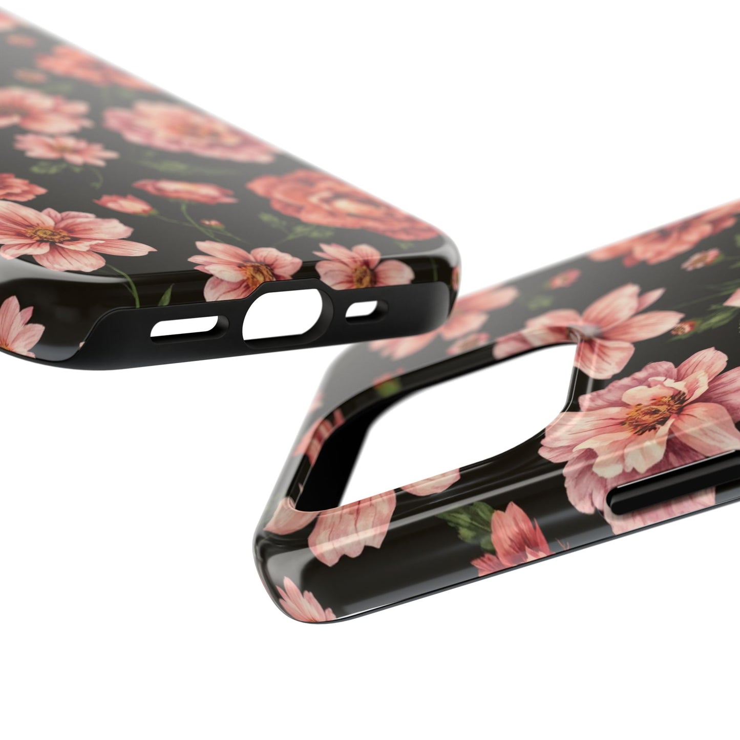 Floral Tough Phone Case - Durable Protection with Elegant Pink Flowers on Black Design - for iPhone