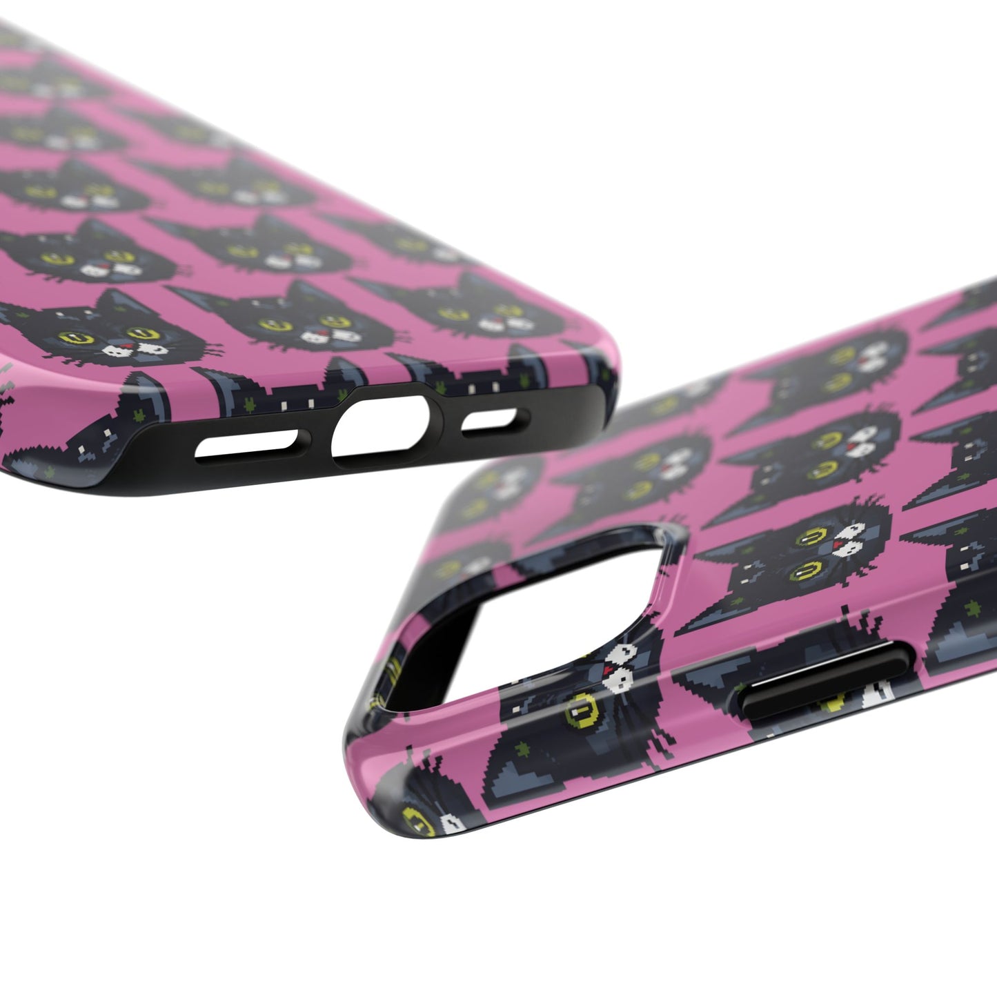 Playful Black Cat on Pink - Tough Phone Case - Pixel Cat Pattern - for iPhone