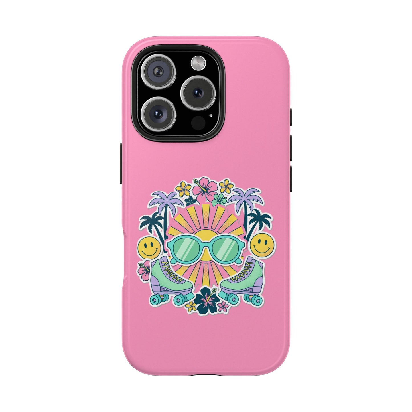 Retro Summer Phone Case — Y2K Palm Trees, Roller Skates & Smiley Collage