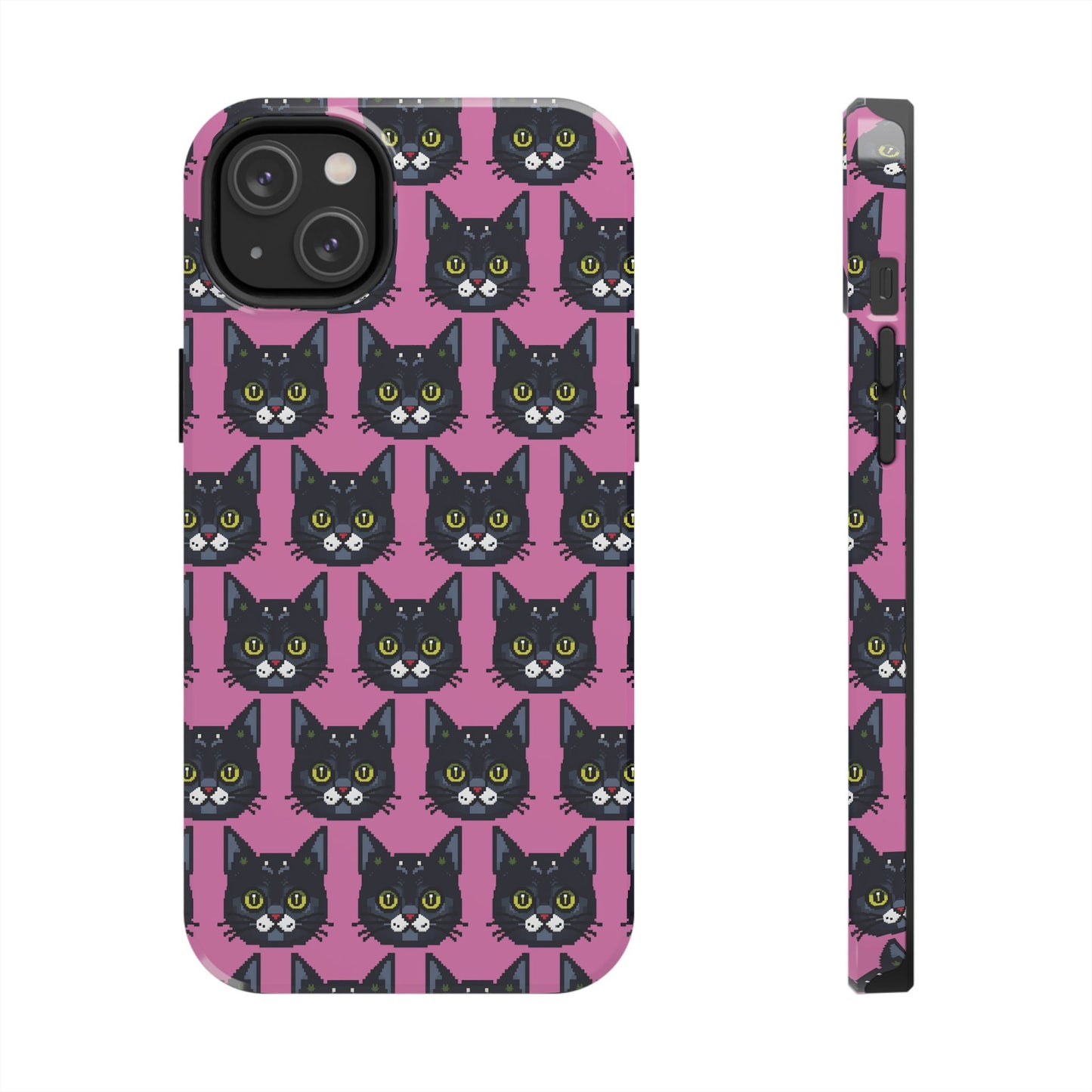 Playful Black Cat on Pink - Tough Phone Case - Pixel Cat Pattern - for iPhone