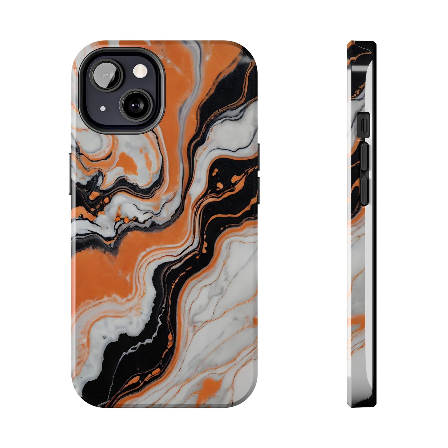 Stylish Tough Phone Case - Elegant Black, White & Orange Marble Design - for iPhone