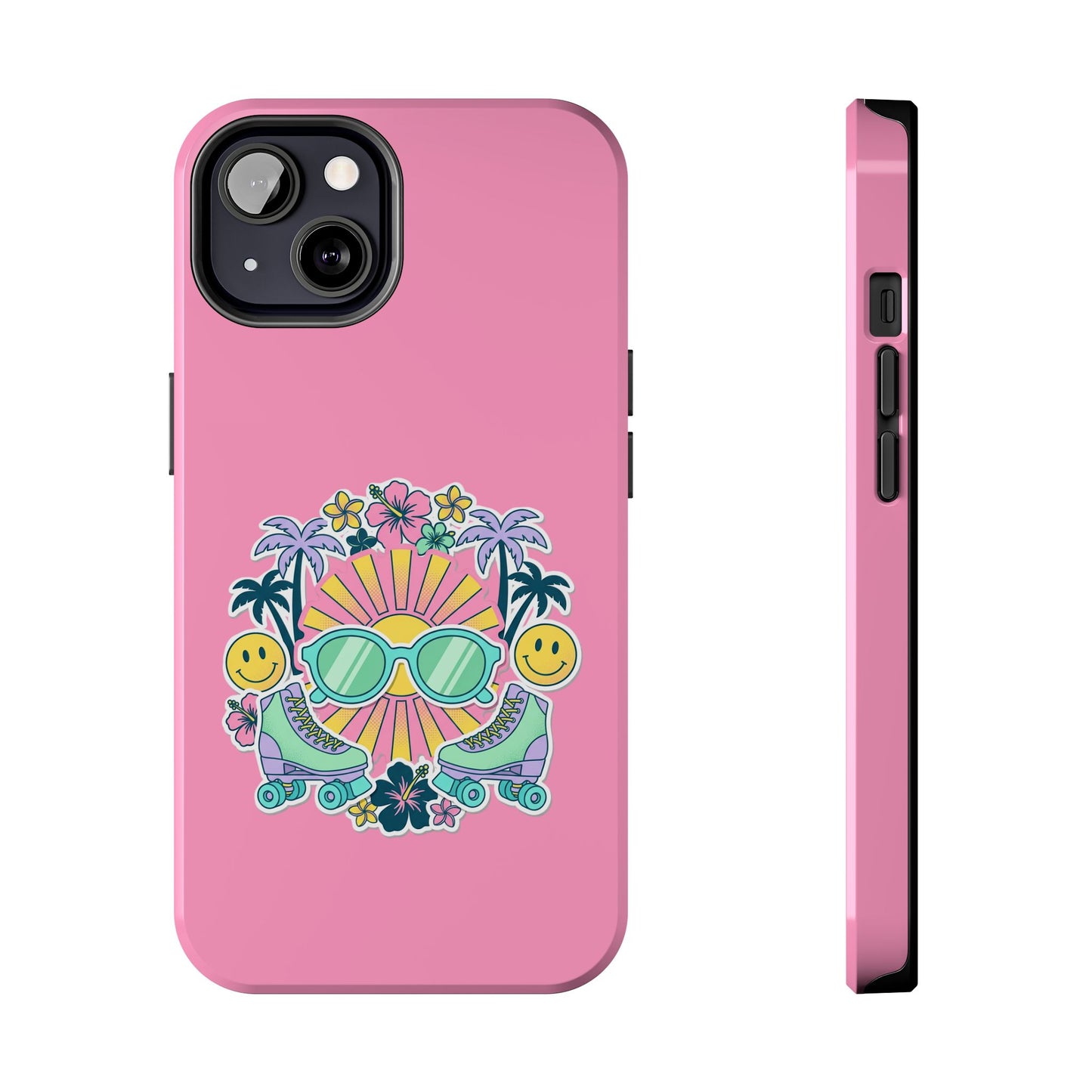 Retro Summer Phone Case — Y2K Palm Trees, Roller Skates & Smiley Collage