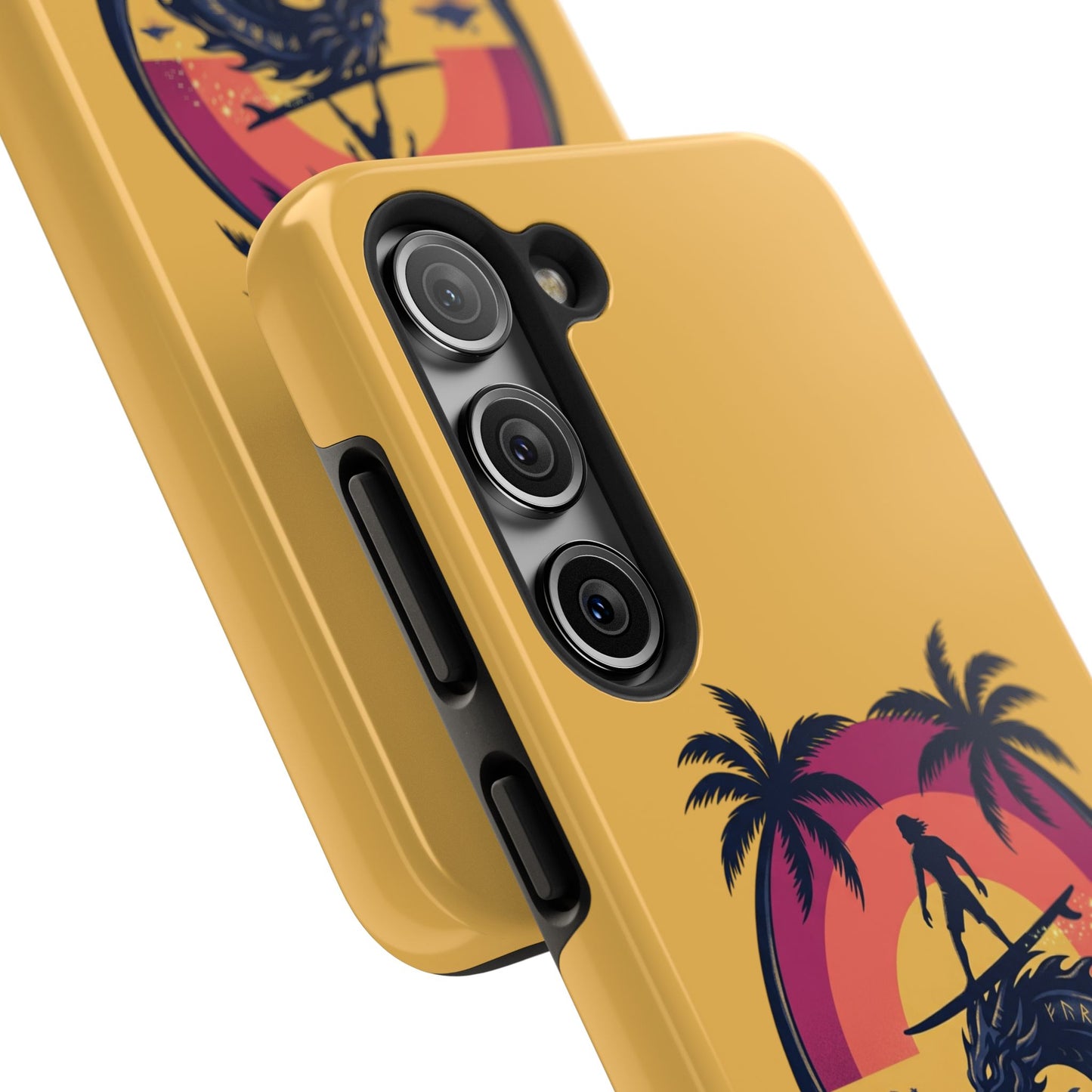 Surfing Dragon Phone Case — Silhouette Surfer with Palms & “Summer Vibes”