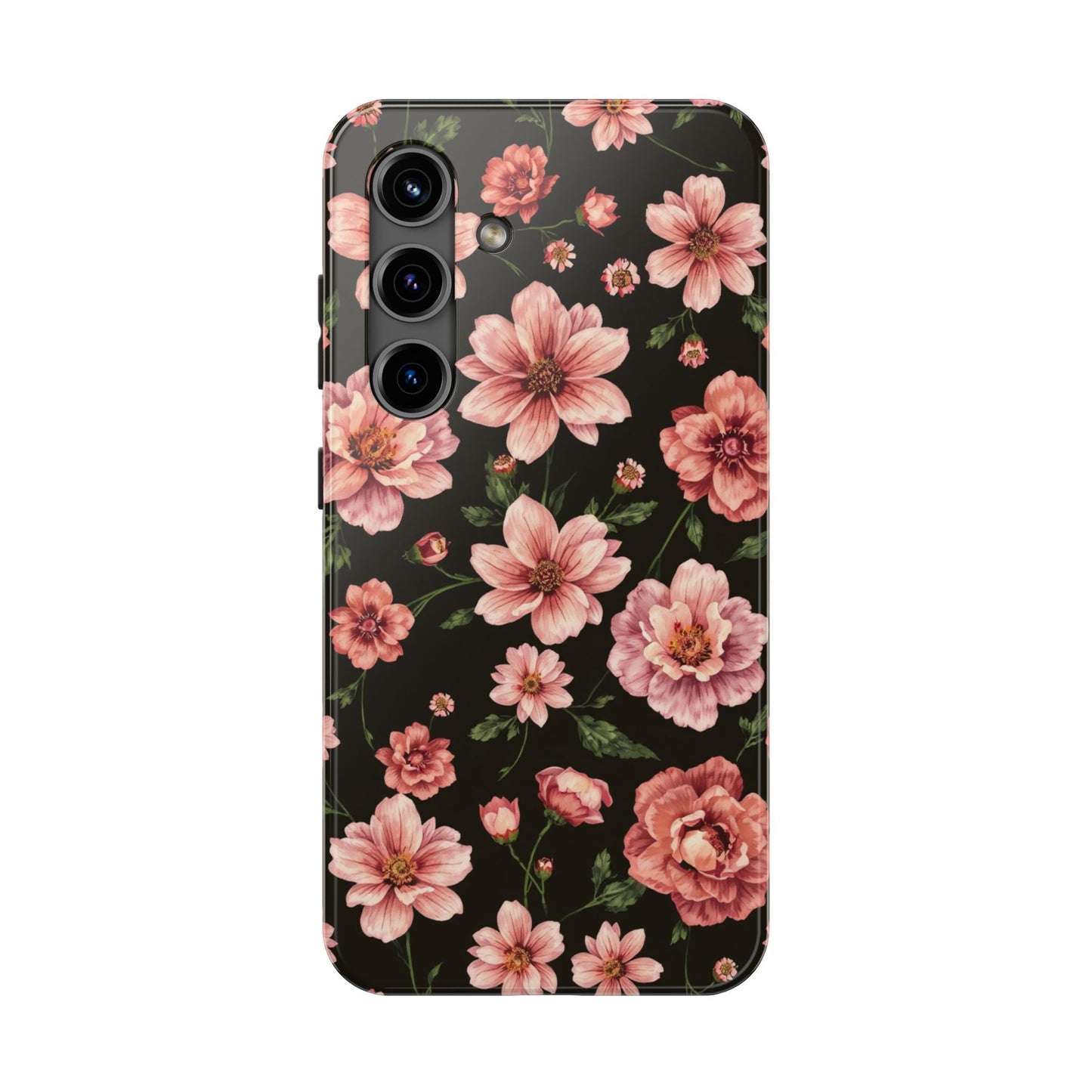 Floral Tough Phone Case - Durable Protection with Elegant Pink Flowers on Black Design - for iPhone