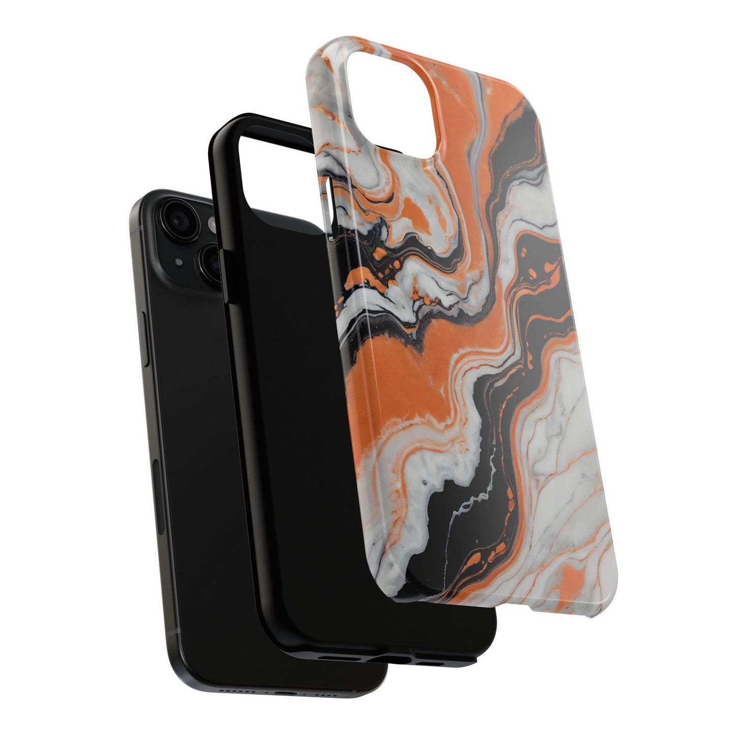 Stylish Tough Phone Case - Elegant Black, White & Orange Marble Design - for iPhone