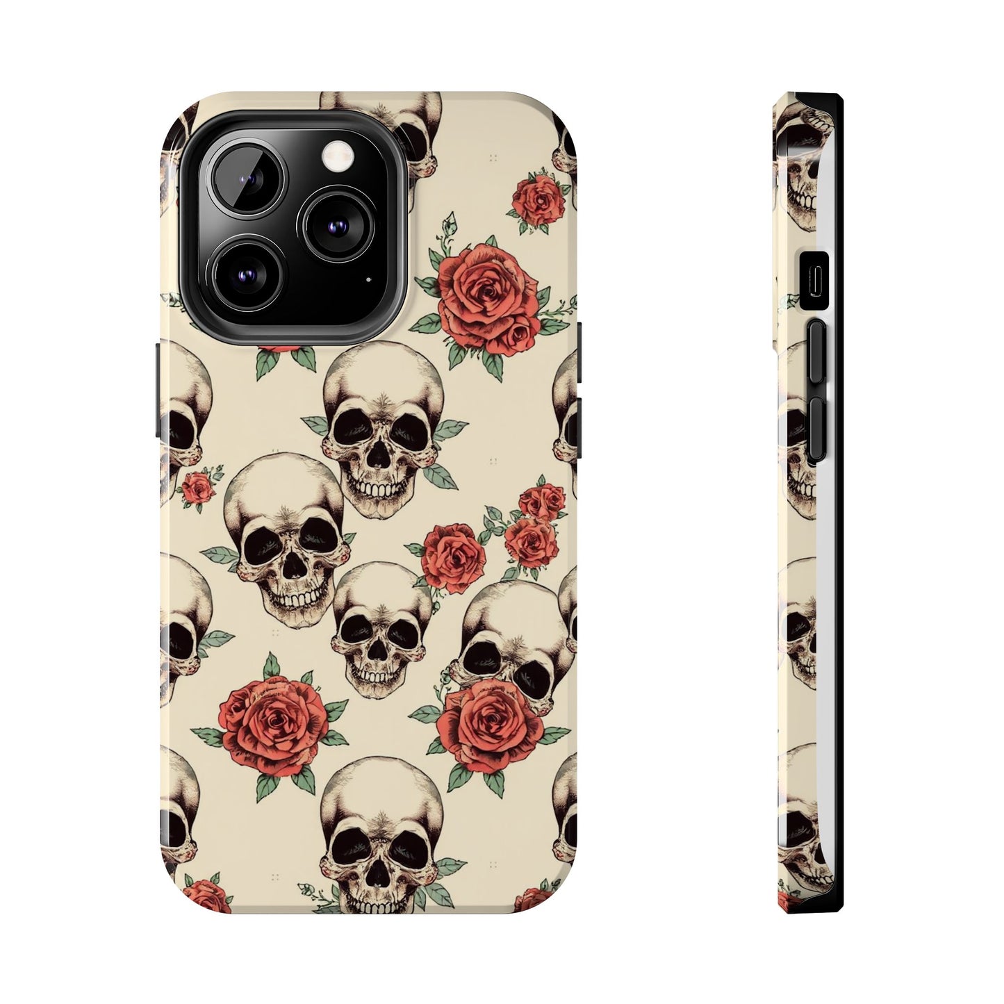 Tough Phone Case with Skull and Rose Design - Edgy Floral iPhone Protection
