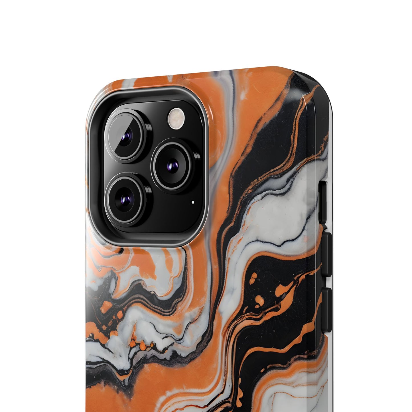 Stylish Tough Phone Case - Elegant Black, White & Orange Marble Design - for iPhone