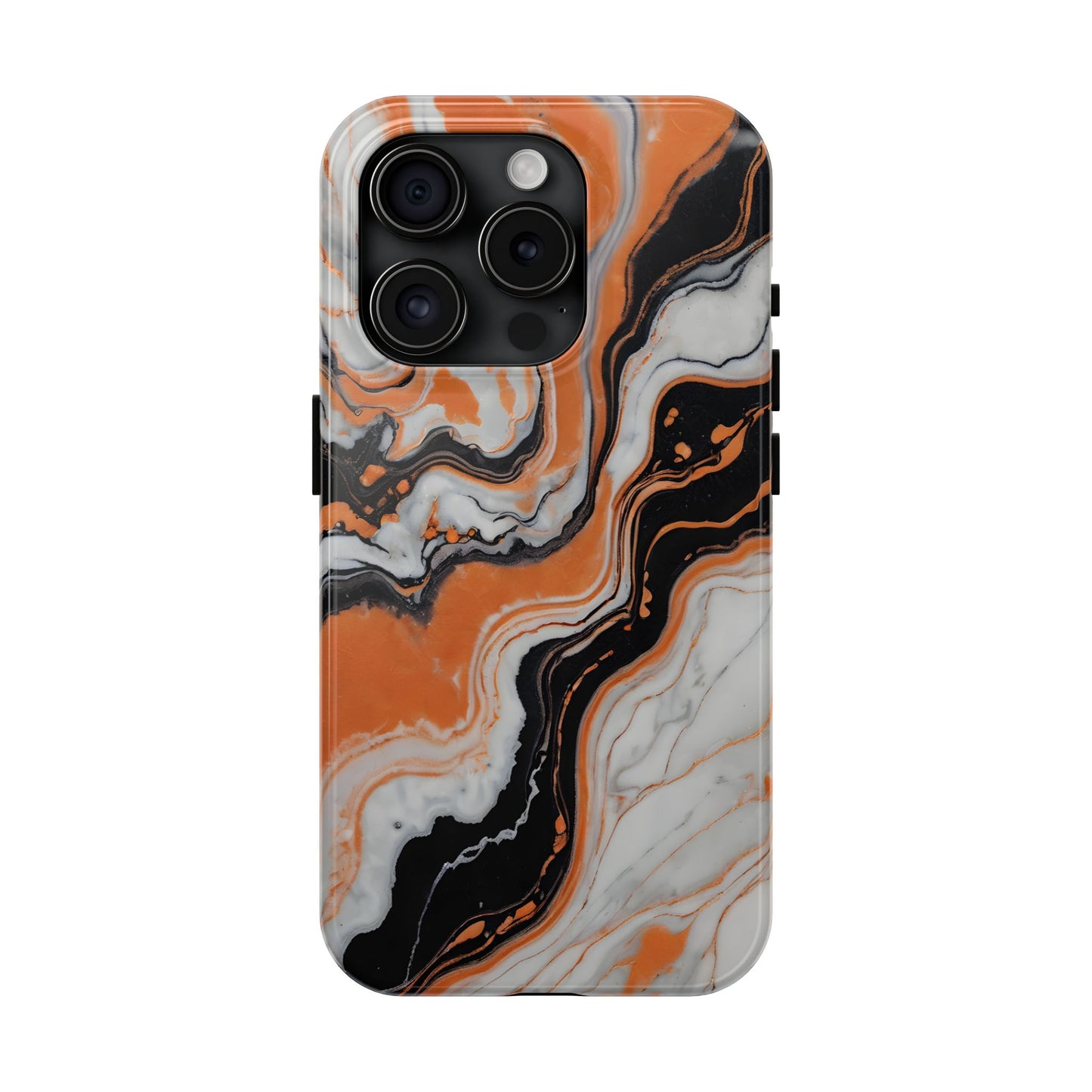 Stylish Tough Phone Case - Elegant Black, White & Orange Marble Design - for iPhone