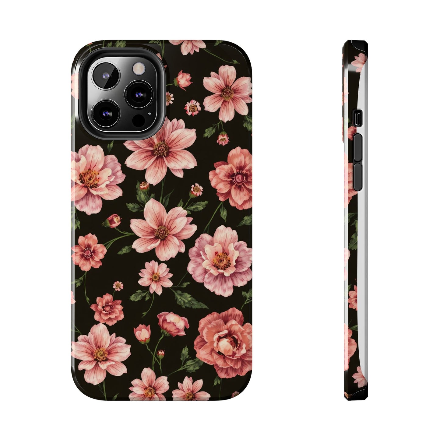 Floral Tough Phone Case - Durable Protection with Elegant Pink Flowers on Black Design - for iPhone