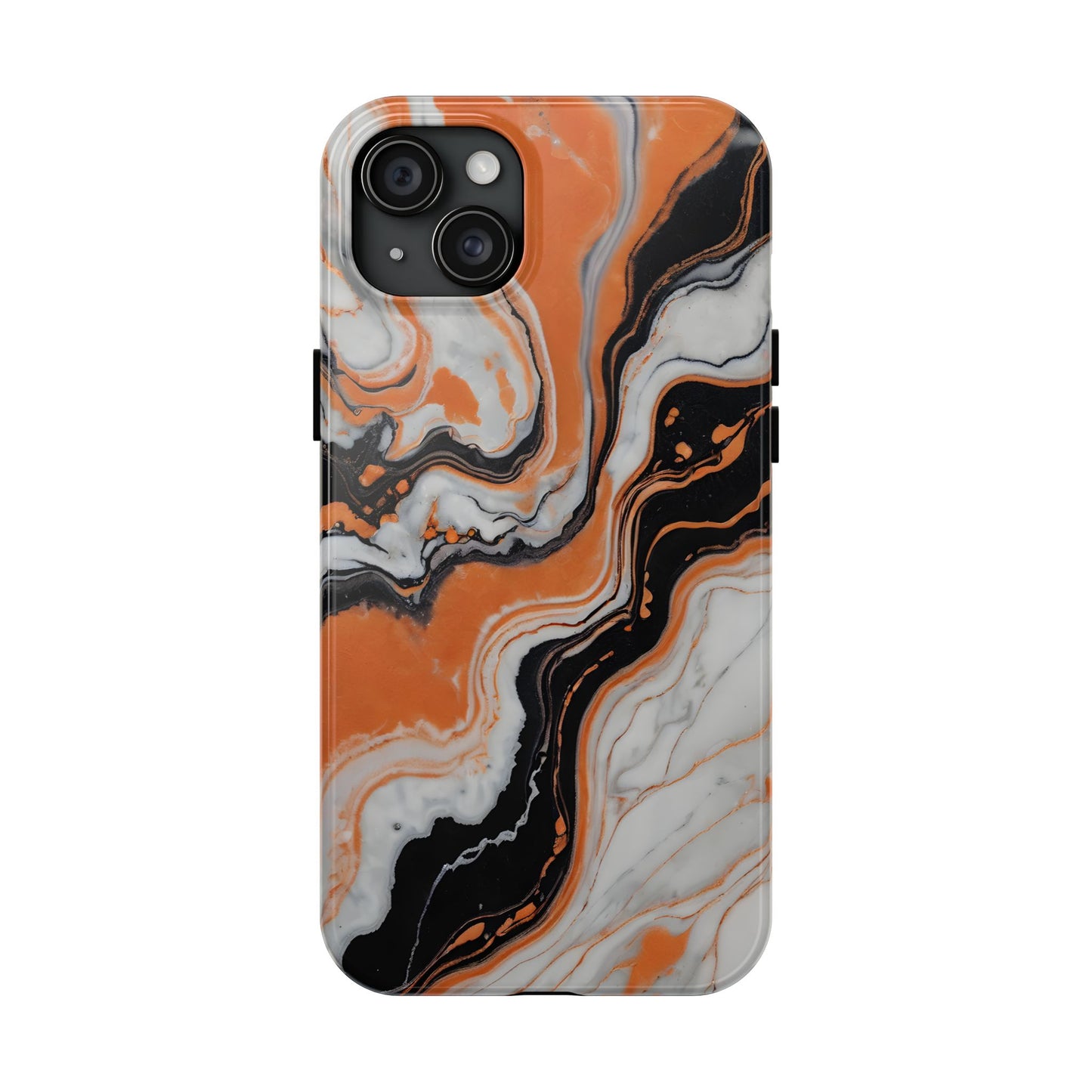 Stylish Tough Phone Case - Elegant Black, White & Orange Marble Design - for iPhone