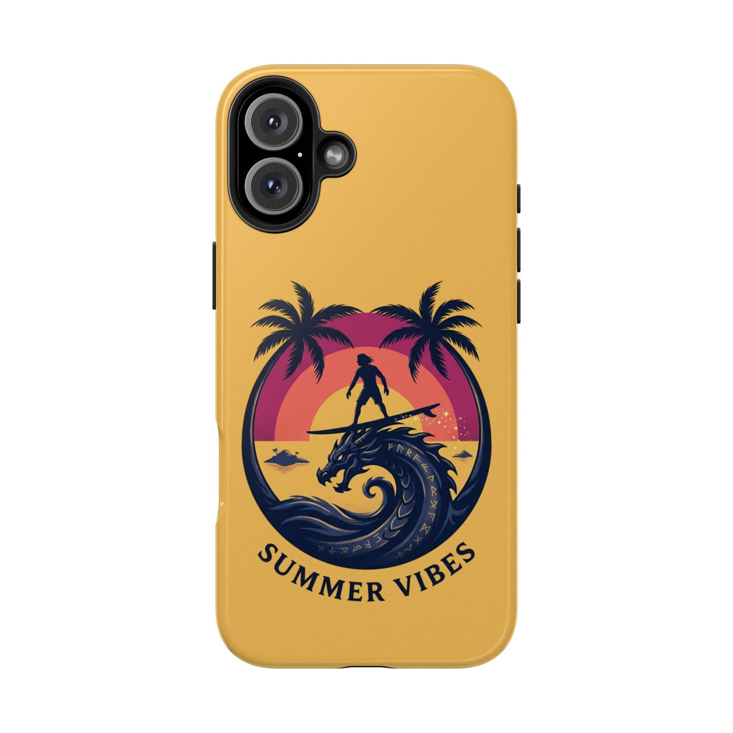 Surfing Dragon Phone Case — Silhouette Surfer with Palms & “Summer Vibes”