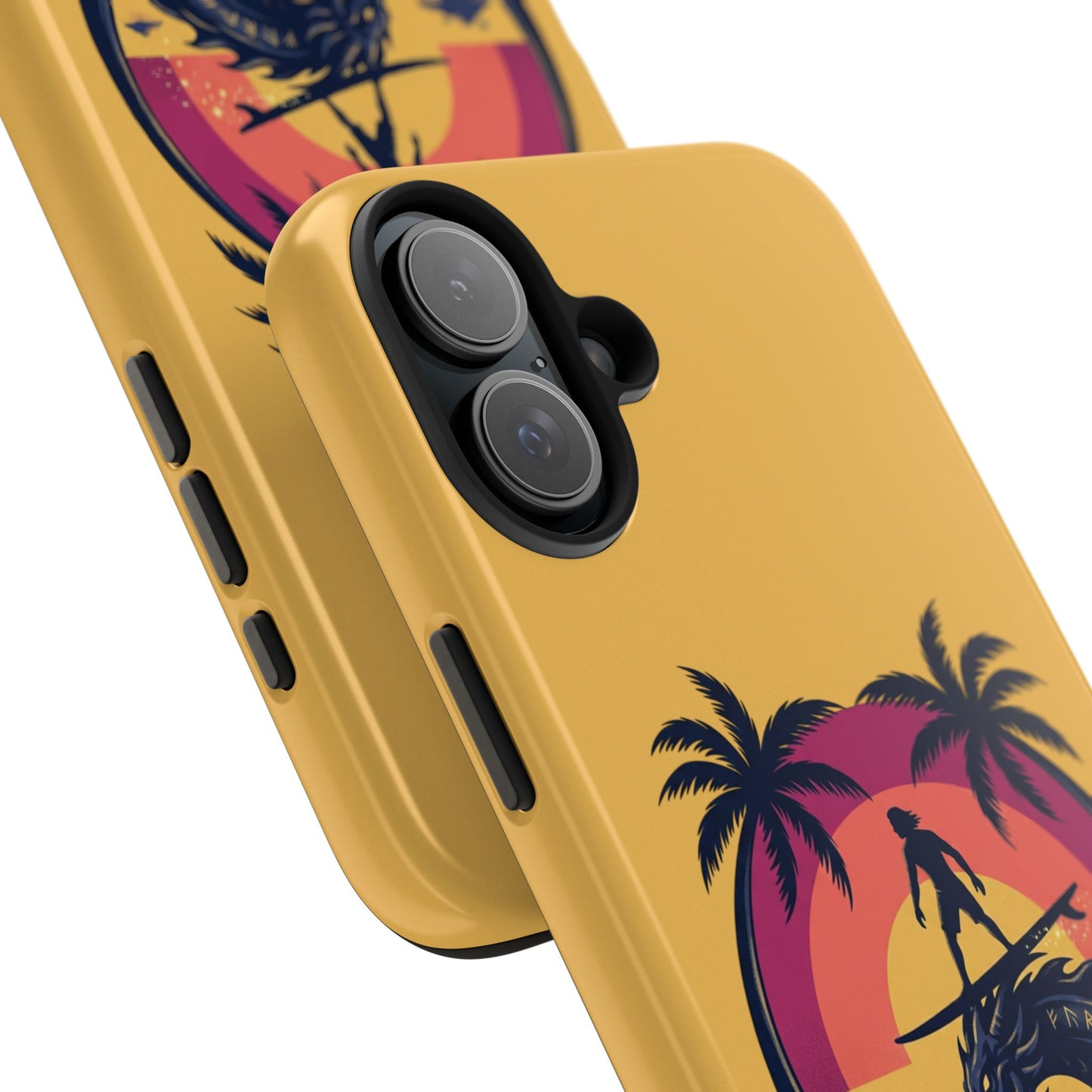 Surfing Dragon Phone Case — Silhouette Surfer with Palms & “Summer Vibes”