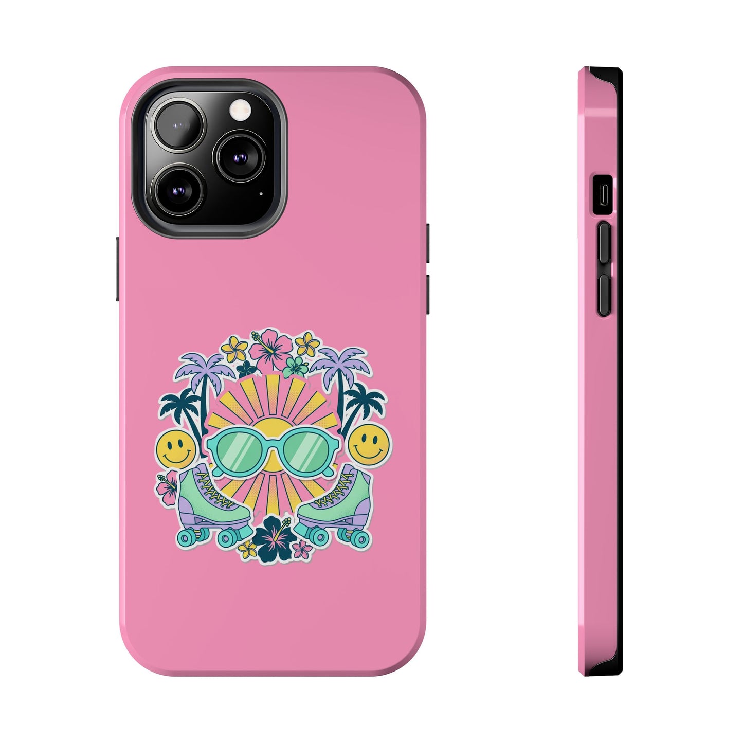 Retro Summer Phone Case — Y2K Palm Trees, Roller Skates & Smiley Collage