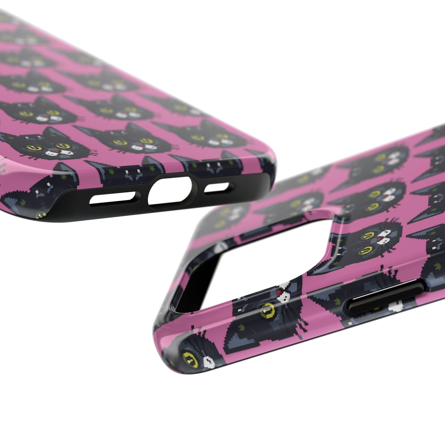 Playful Black Cat on Pink - Tough Phone Case - Pixel Cat Pattern - for iPhone