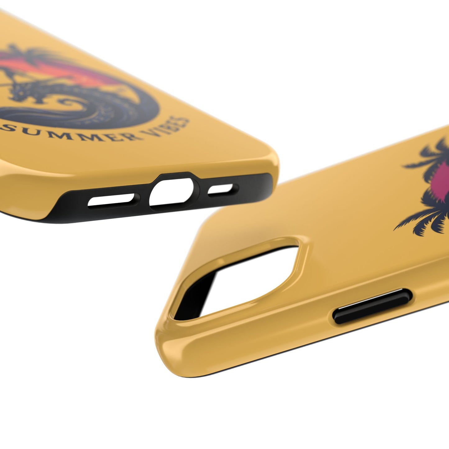 Surfing Dragon Phone Case — Silhouette Surfer with Palms & “Summer Vibes”