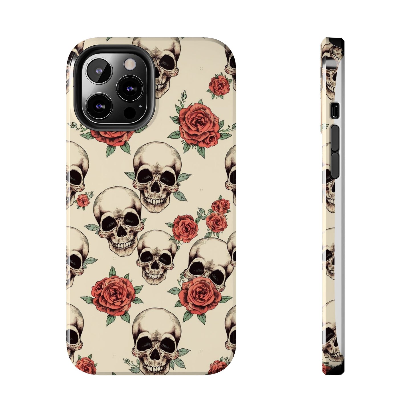 Tough Phone Case with Skull and Rose Design - Edgy Floral iPhone Protection