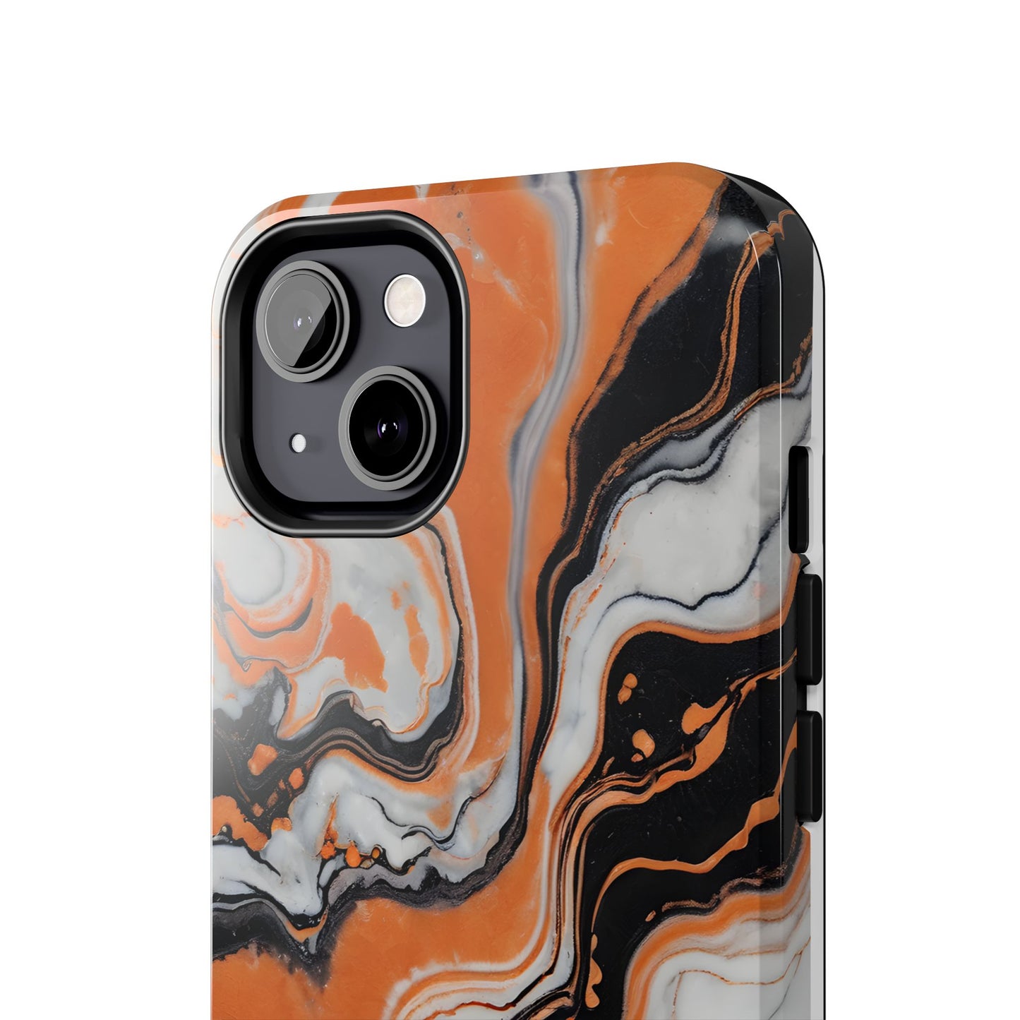Stylish Tough Phone Case - Elegant Black, White & Orange Marble Design - for iPhone