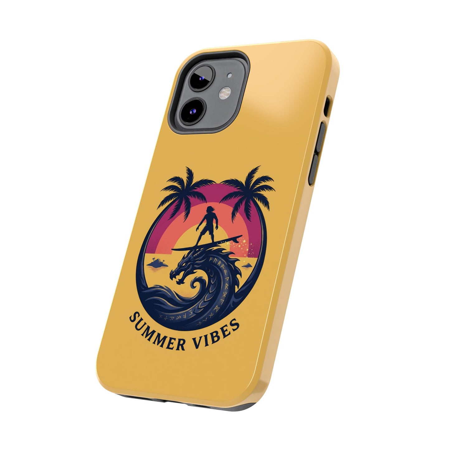 Surfing Dragon Phone Case — Silhouette Surfer with Palms & “Summer Vibes”