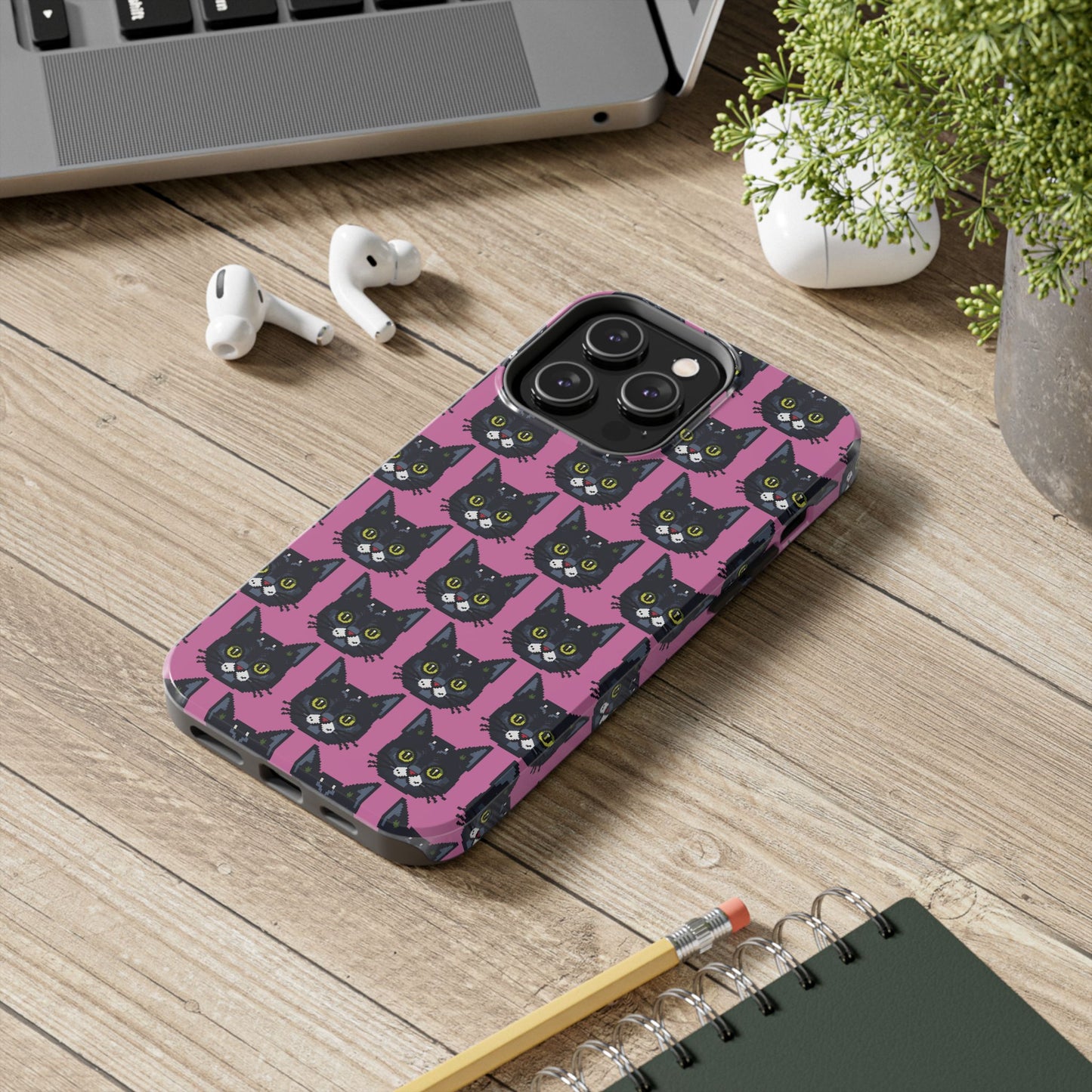 Playful Black Cat on Pink - Tough Phone Case - Pixel Cat Pattern - for iPhone