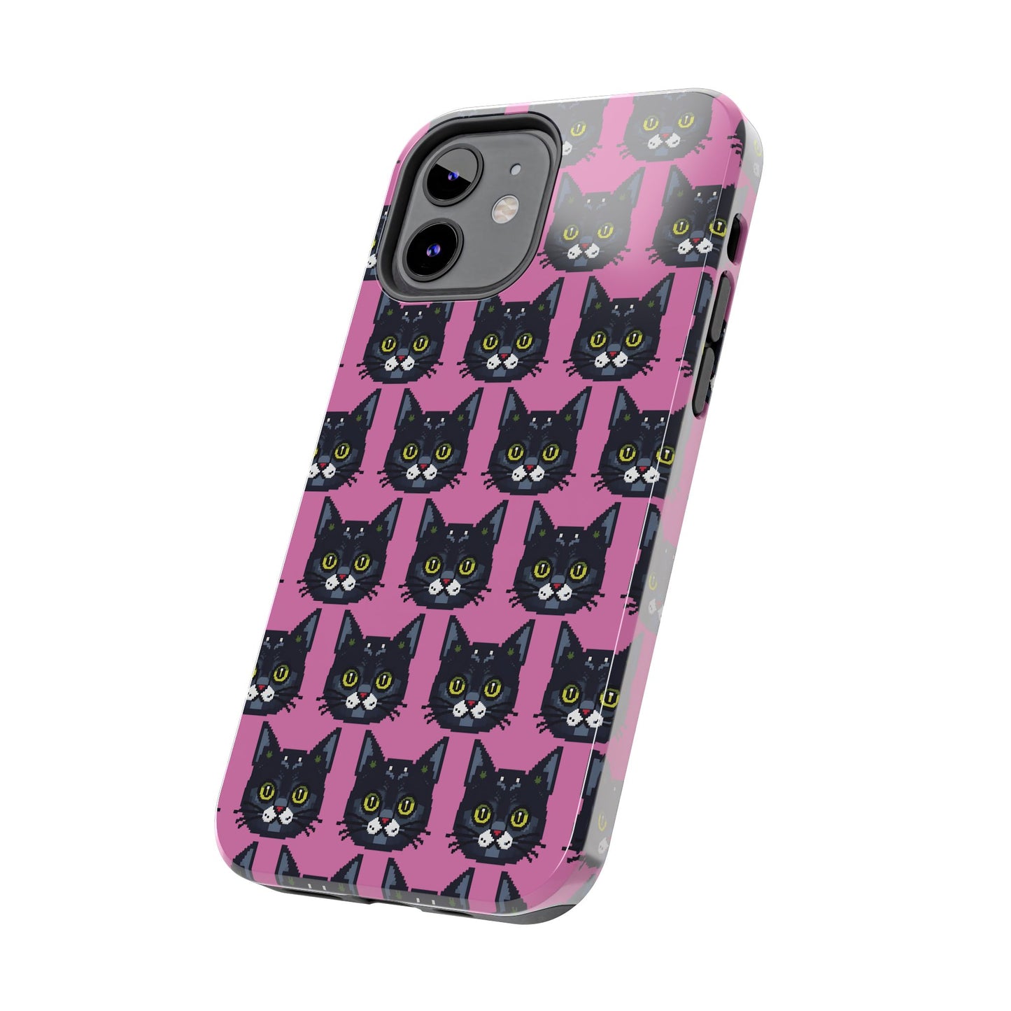 Playful Black Cat on Pink - Tough Phone Case - Pixel Cat Pattern - for iPhone