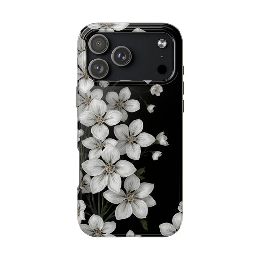 Floral Tough Phone Case - Pure Elegant White Petals on Black Background - for iPhone