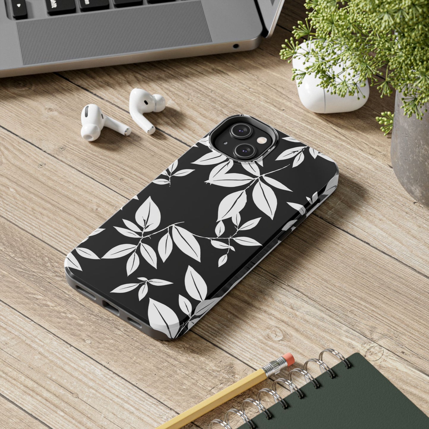Chic Floral Tough Phone Case - Elegant Black & White Design for Stylish Protection