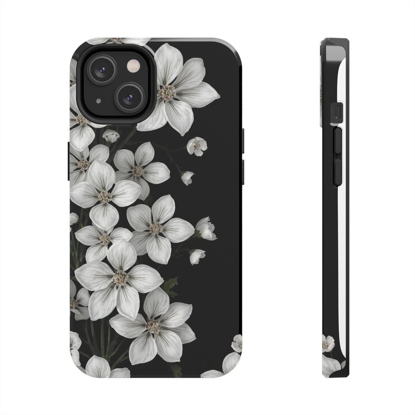 Floral Tough Phone Case - Pure Elegant White Petals on Black Background - for iPhone