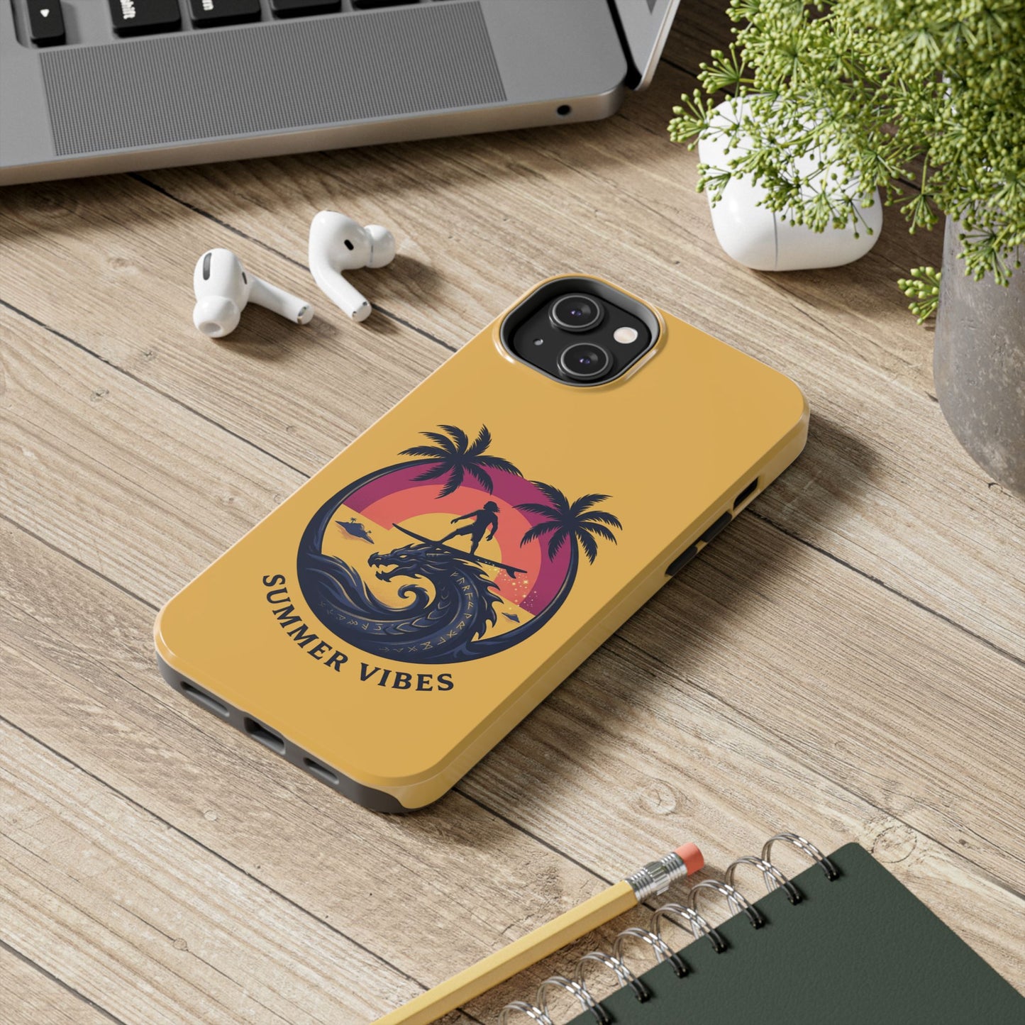 Surfing Dragon Phone Case — Silhouette Surfer with Palms & “Summer Vibes”
