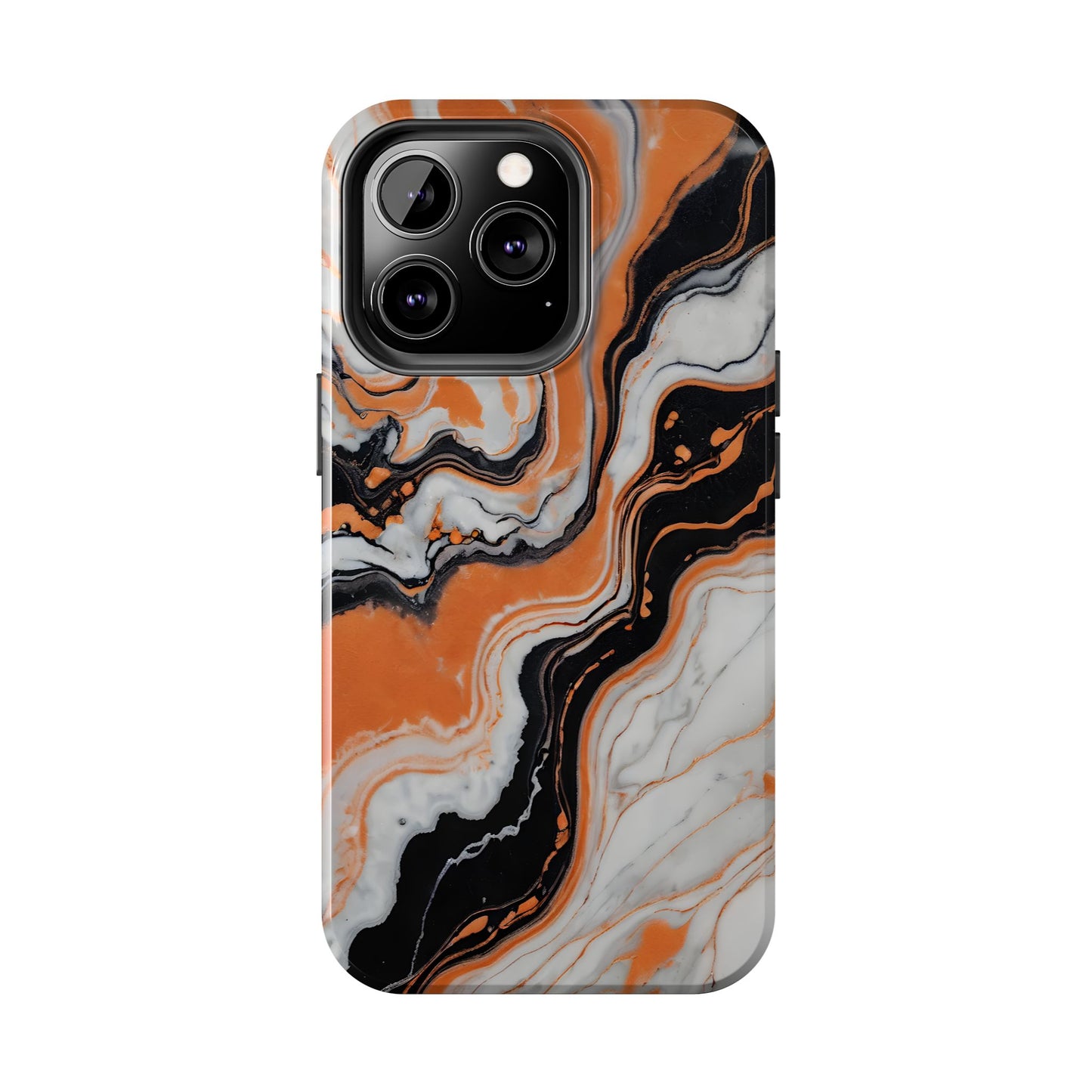 Stylish Tough Phone Case - Elegant Black, White & Orange Marble Design - for iPhone