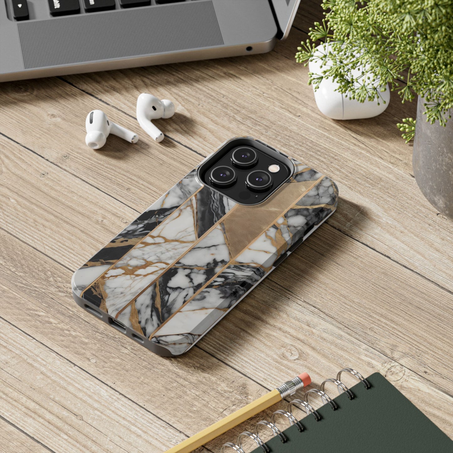 Marble Lines Tough Phone Case with Gold Accents - for iPhone
