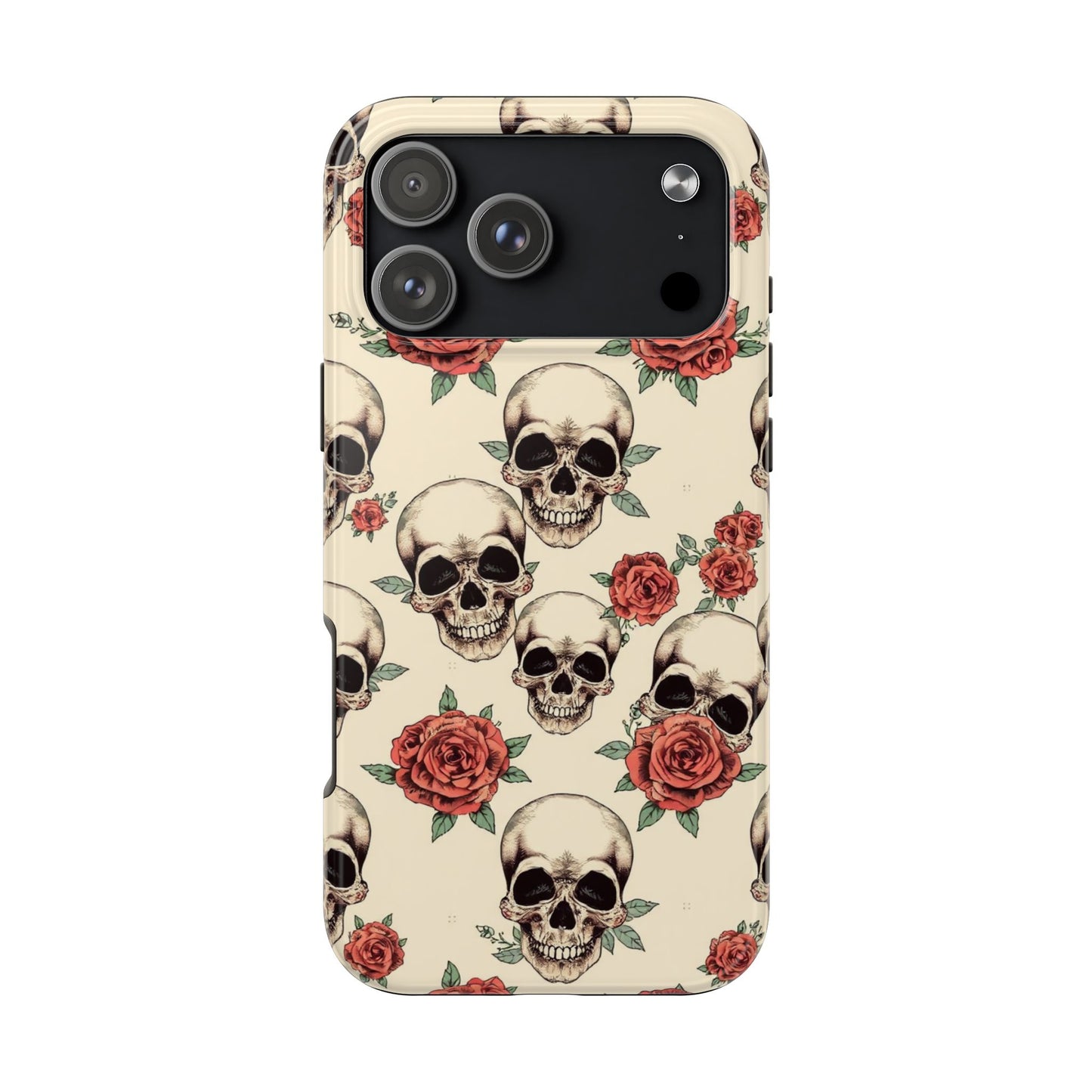 Tough Phone Case with Skull and Rose Design - Edgy Floral iPhone Protection