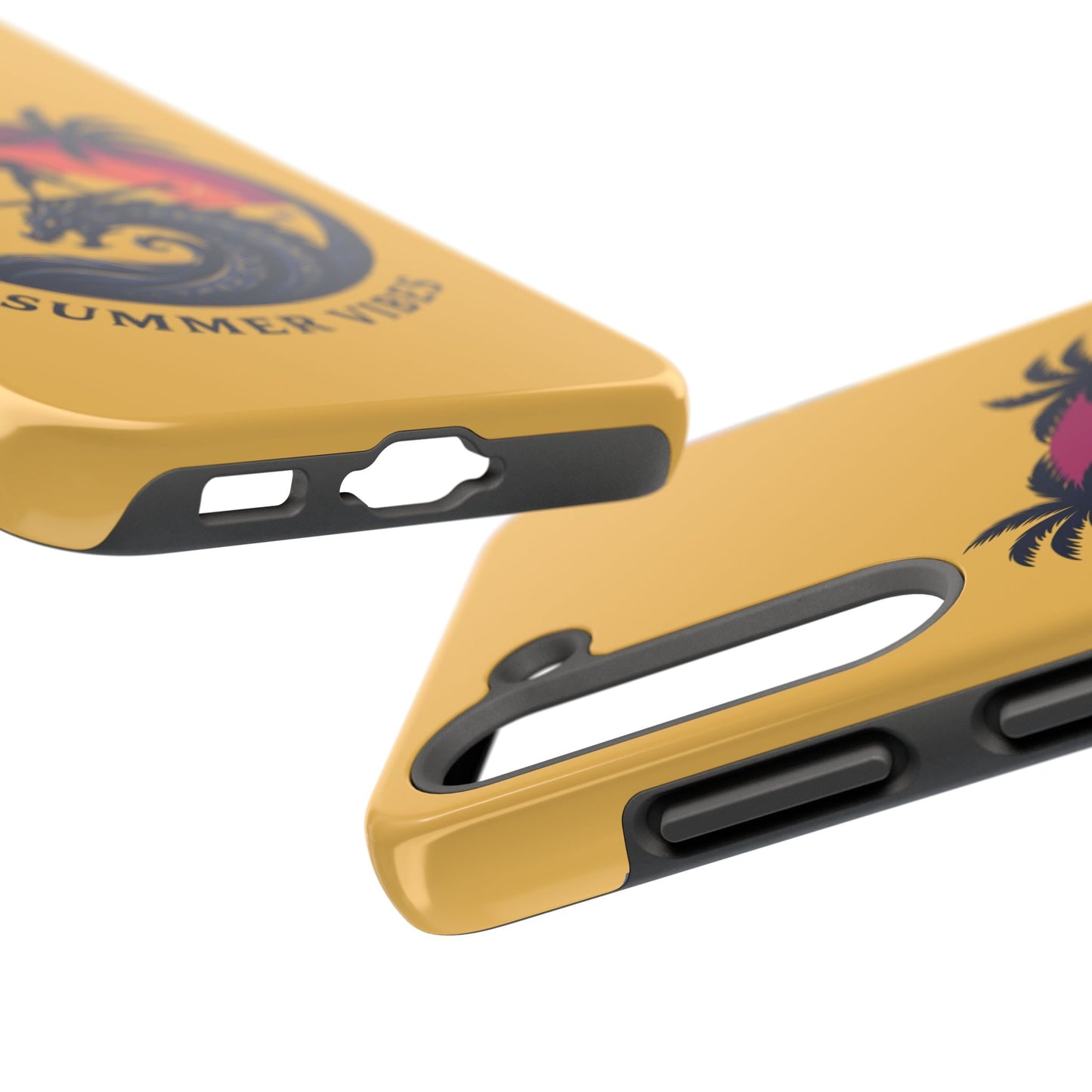 Surfing Dragon Phone Case — Silhouette Surfer with Palms & “Summer Vibes”