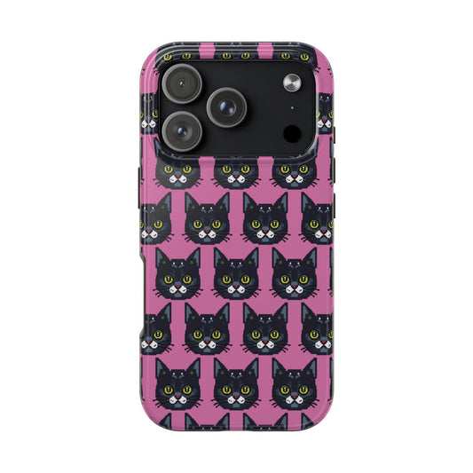 Playful Black Cat on Pink - Tough Phone Case - Pixel Cat Pattern - for iPhone