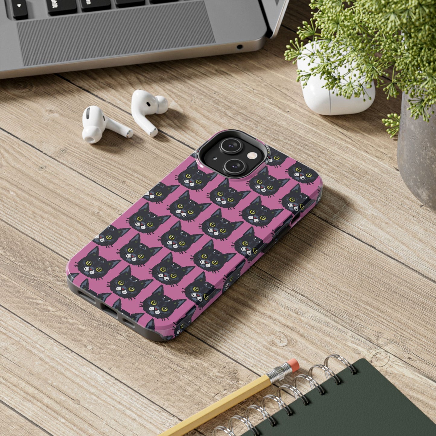 Playful Black Cat on Pink - Tough Phone Case - Pixel Cat Pattern - for iPhone