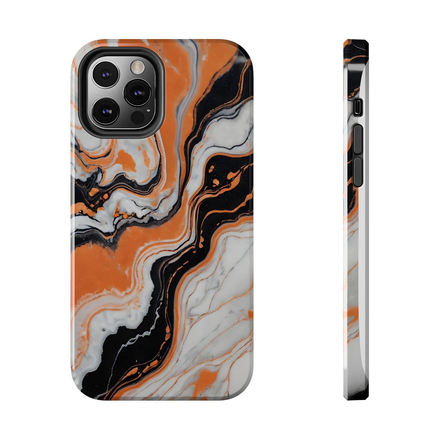 Stylish Tough Phone Case - Elegant Black, White & Orange Marble Design - for iPhone